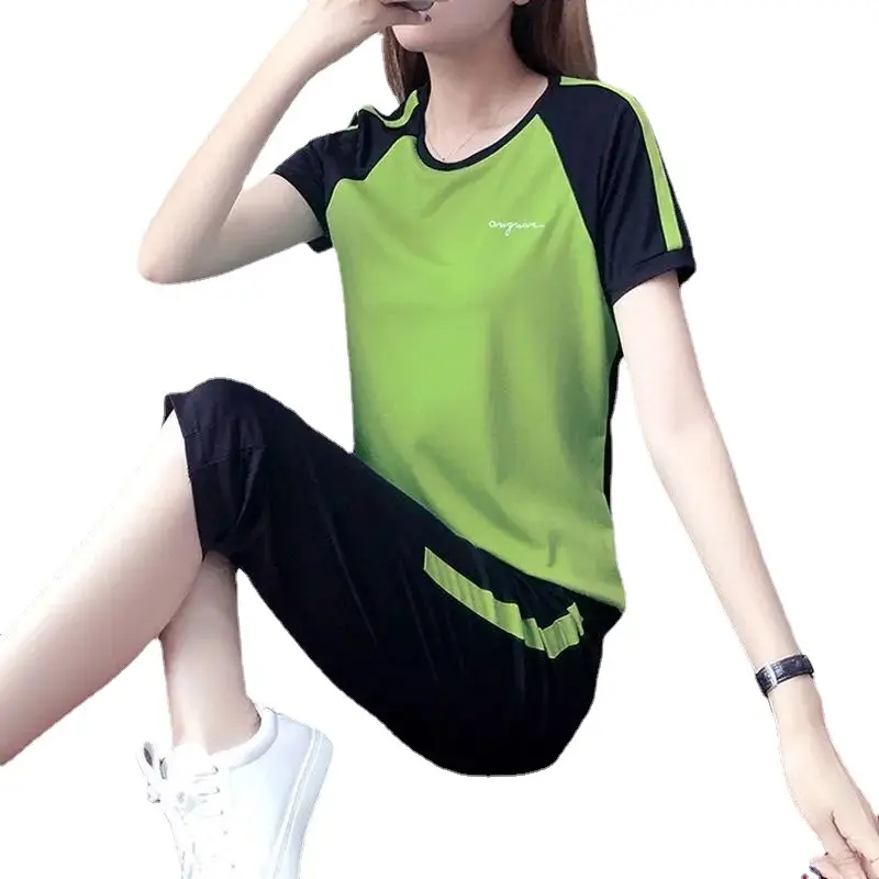 Women Running Sports Suit Green Black Large - Image 9