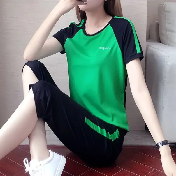 Women Running Sports Suit Green Black Large - Image 3