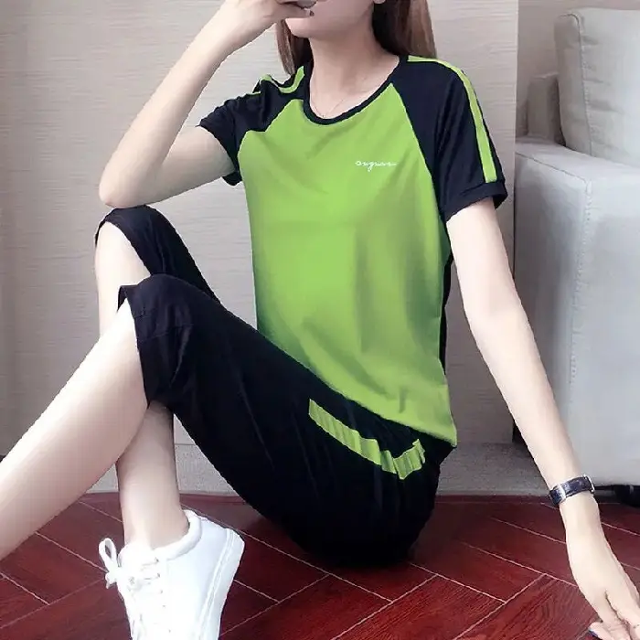 Women Running Sports Suit Green Black Large - Image 4