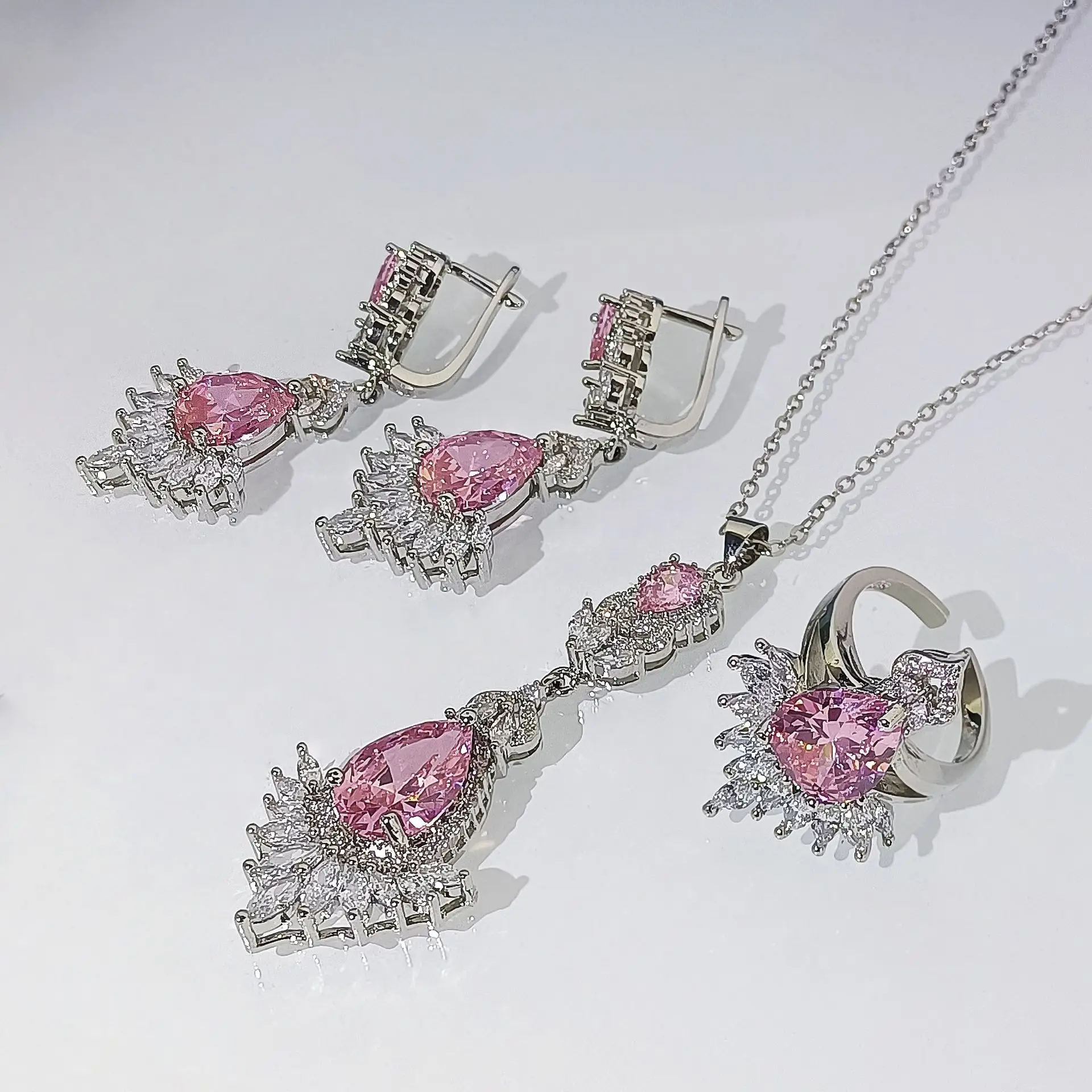 Bridal Zircon Necklace Earrings Ring Set Plated Gold - Image 2