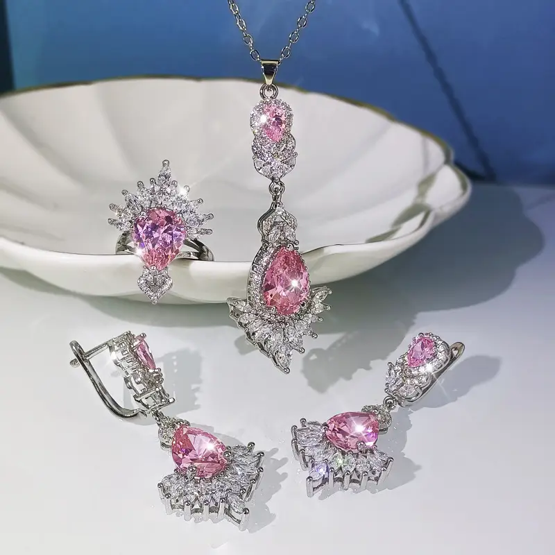 Bridal Zircon Necklace Earrings Ring Set Plated Gold - Image 3