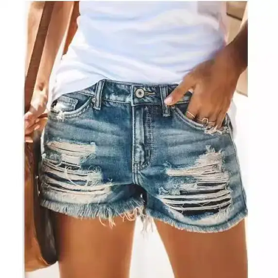 Women's Washed Denim Shorts High Waist Blue Dark Cotton - Image 6