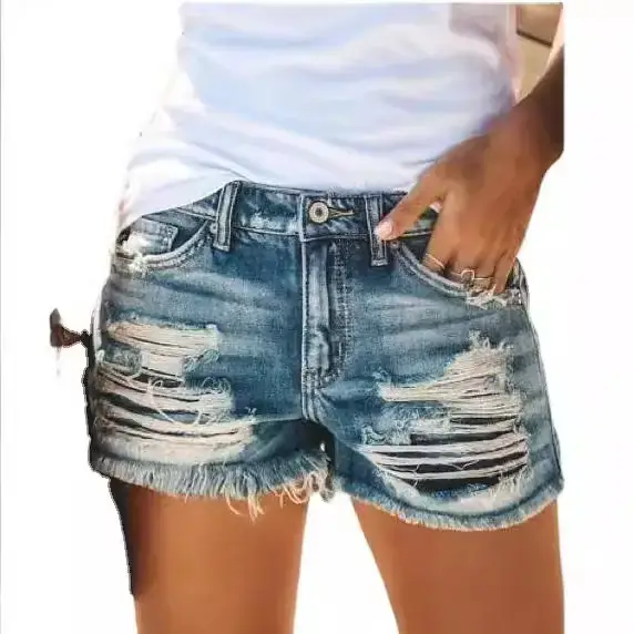 Women's Washed Denim Shorts High Waist Blue Dark Cotton - Image 7