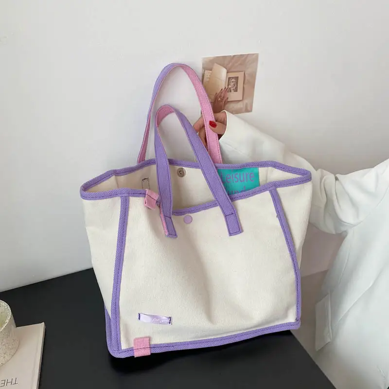 Women's Canvas Shoulder Bag Blue Brown Contrast - Image 9