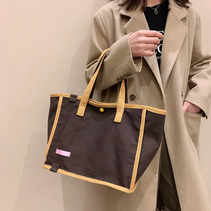 Women's Canvas Shoulder Bag Blue Brown Contrast - Image 10