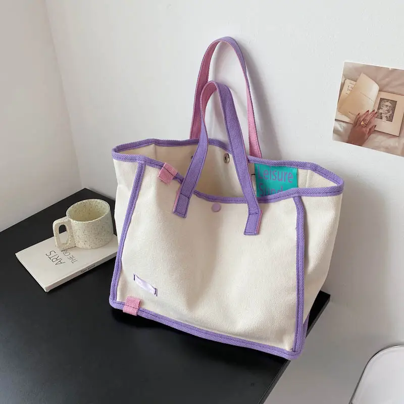 Women's Canvas Shoulder Bag Blue Brown Contrast - Image 2