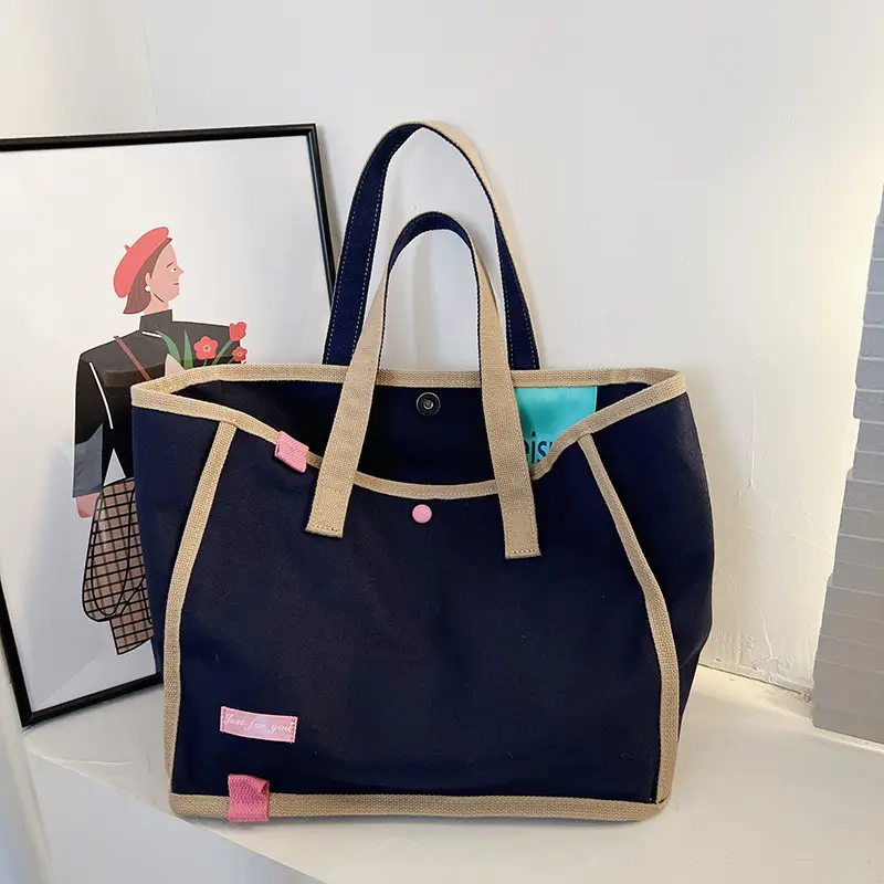 Women's Canvas Shoulder Bag Blue Brown Contrast - Image 6