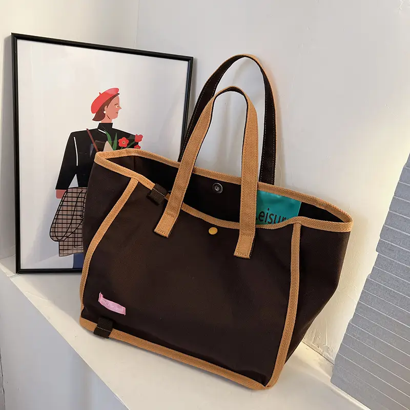 Women's Canvas Shoulder Bag Blue Brown Contrast - Image 7