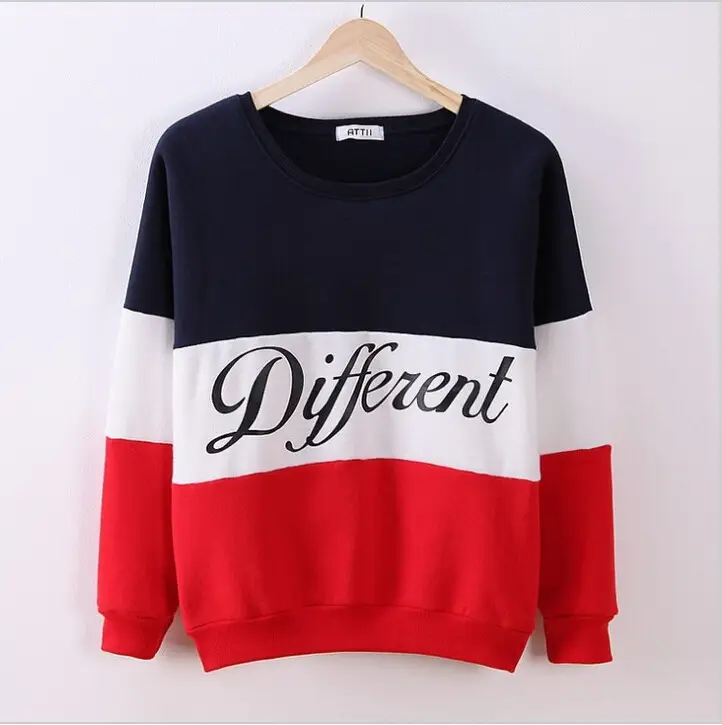 Women Color Block Letter Crewneck Fleece Sweatshirt Red White Grey