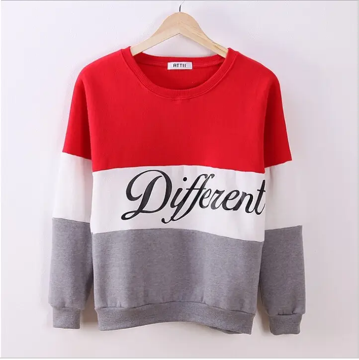 Women Color Block Letter Crewneck Fleece Sweatshirt Red White Grey