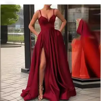 Maroon Long Skirted Evening Gown with High Slit