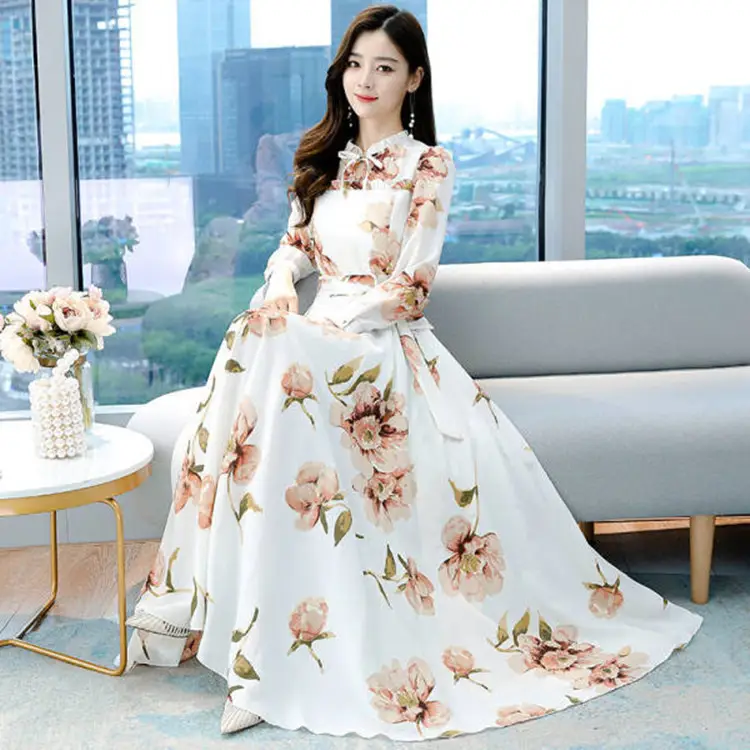 Black Floral Long Sleeve A-Line Dress for Women