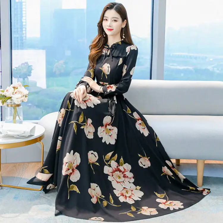 Black Floral Long Sleeve A-Line Dress for Women