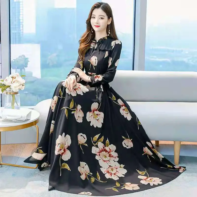 Black Floral Long Sleeve A-Line Dress for Women