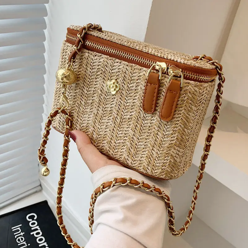 Korean Style Women's Woven Bucket Bag with Chain Shoulder Crossbody - Image 9