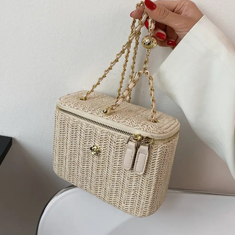 Korean Style Women's Woven Bucket Bag with Chain Shoulder Crossbody - Image 10