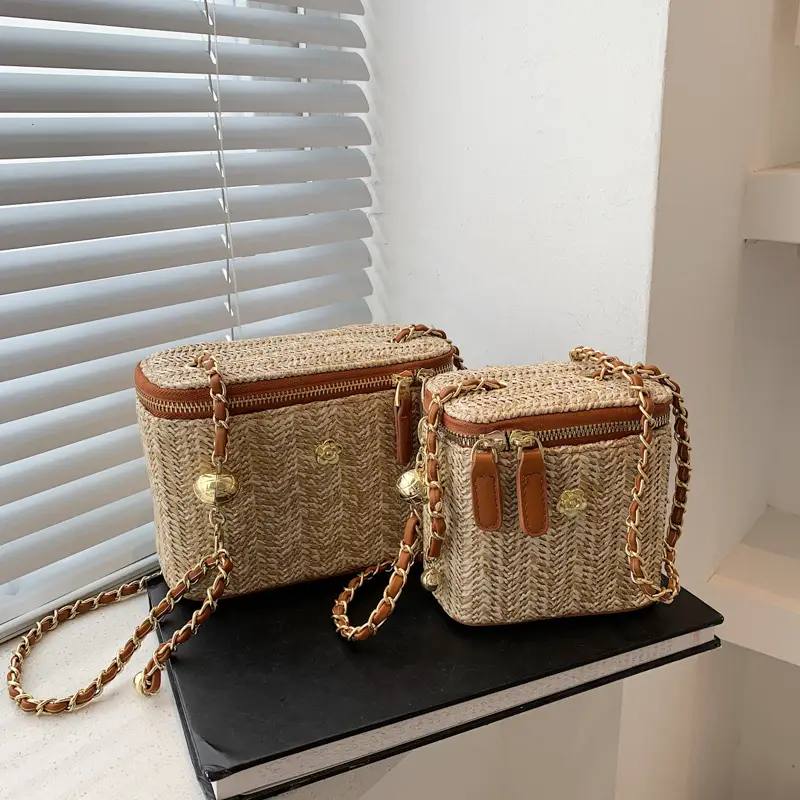 Korean Style Women's Woven Bucket Bag with Chain Shoulder Crossbody - Image 12
