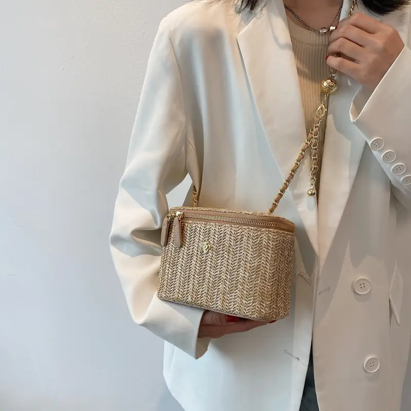 Korean Style Women's Woven Bucket Bag with Chain Shoulder Crossbody - Image 2