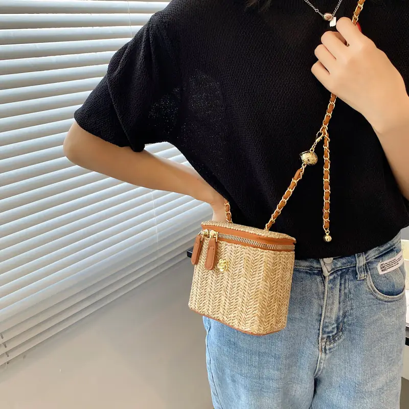 Korean Style Women's Woven Bucket Bag with Chain Shoulder Crossbody - Image 7