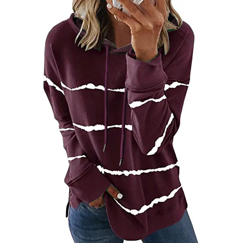 Women Black Striped Hooded Sweatshirt Autumn Winter Loose Fit