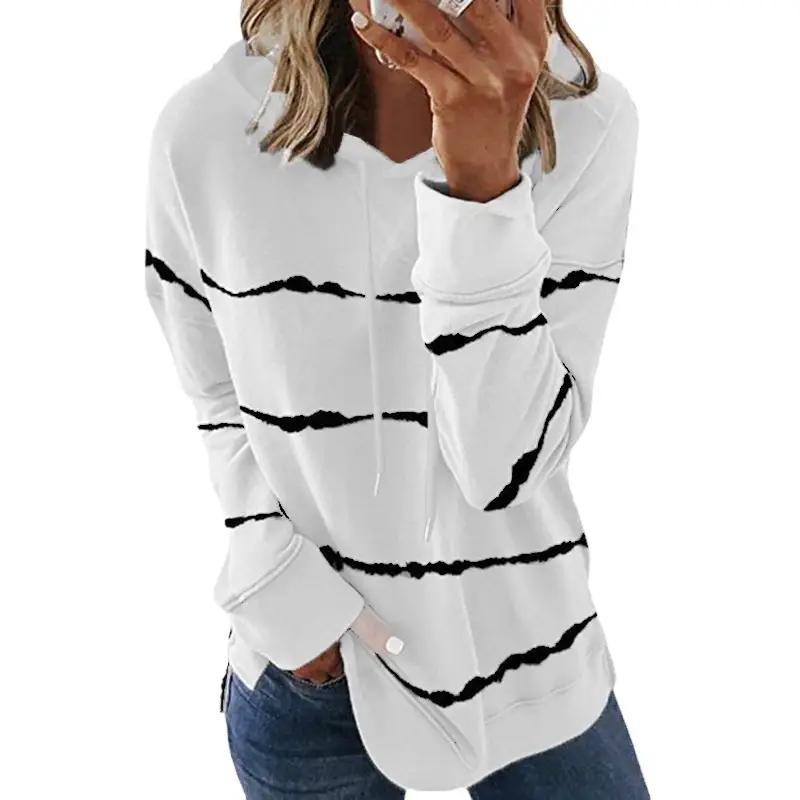Women Black Striped Hooded Sweatshirt Autumn Winter Loose Fit
