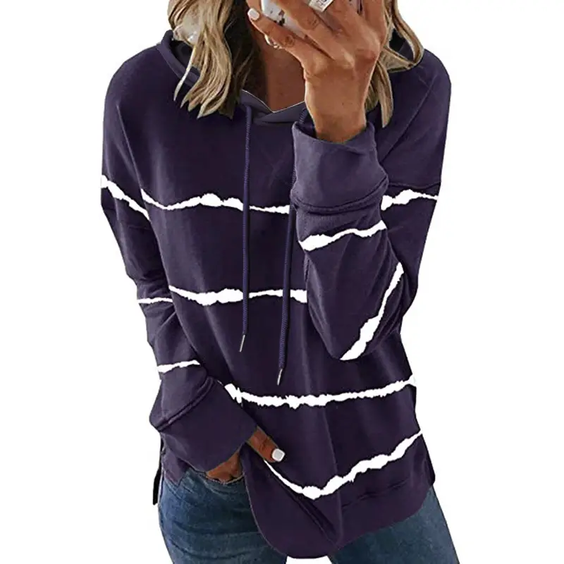 Women Black Striped Hooded Sweatshirt Autumn Winter Loose Fit