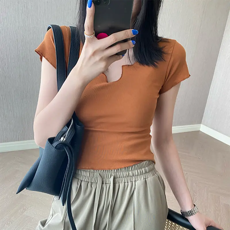 Women Pure Cotton Short T-Shirt Black Summer - Image 5