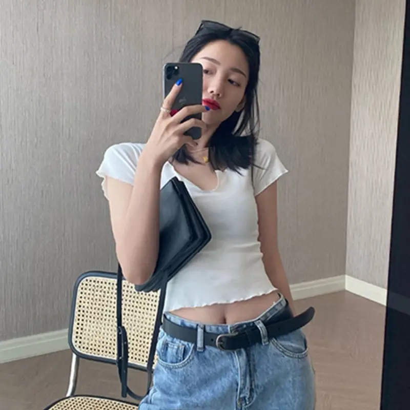 Women Pure Cotton Short T-Shirt Black Summer - Image 2