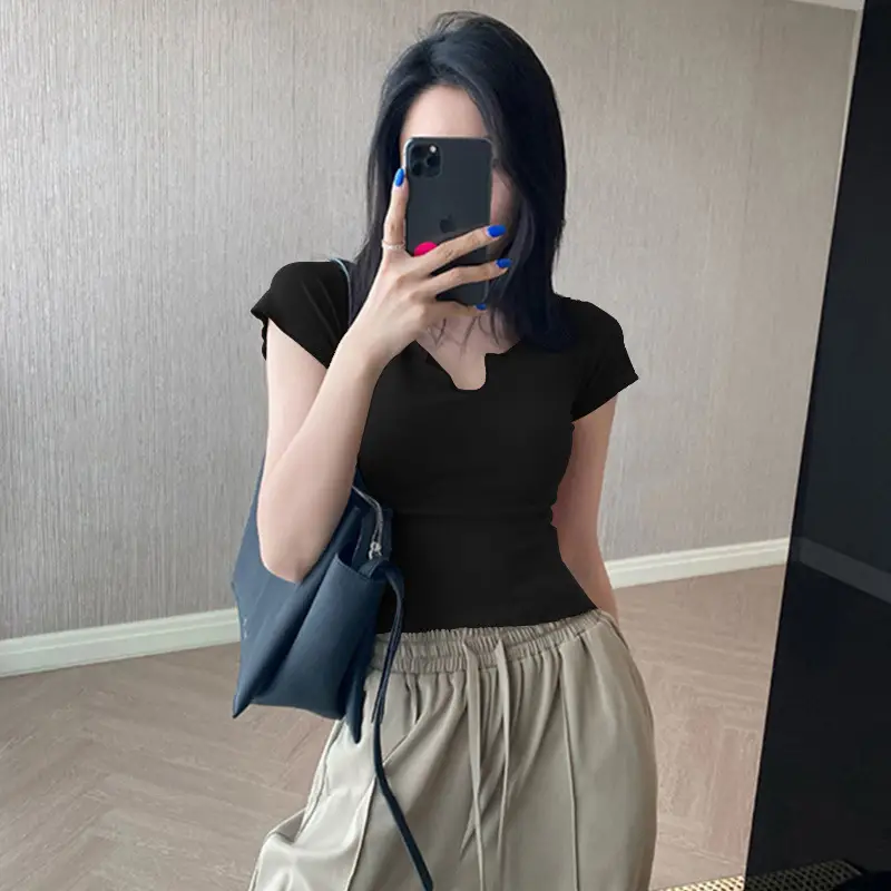 Women Pure Cotton Short T-Shirt Black Summer — feature 19