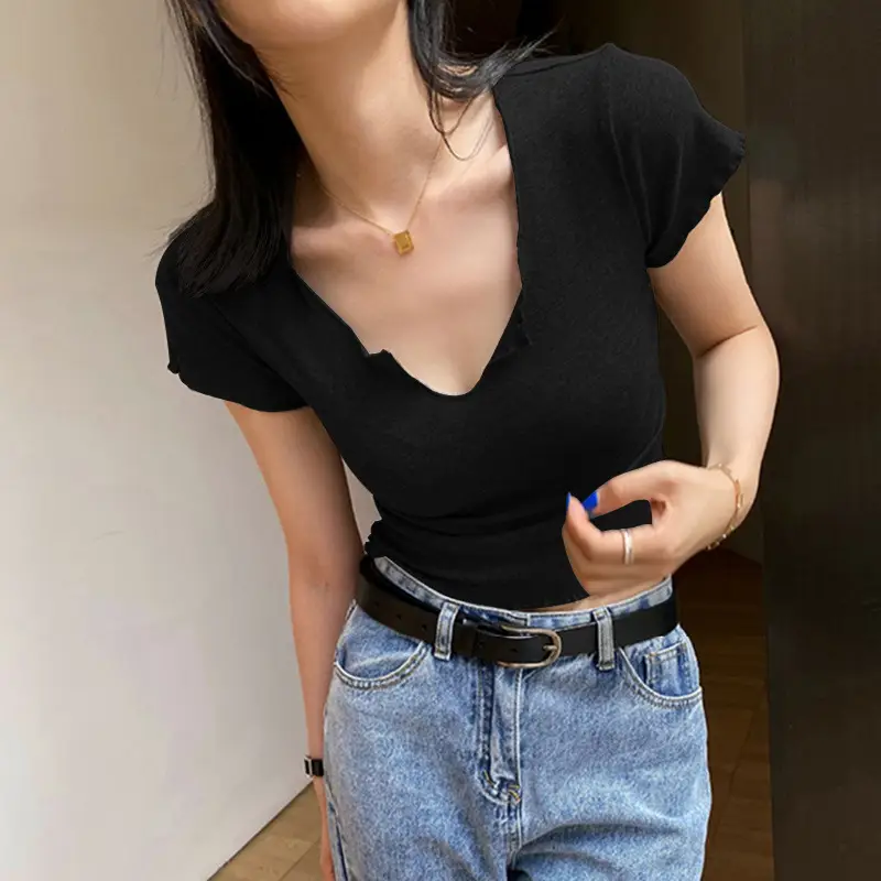 Women Pure Cotton Short T-Shirt Black Summer — feature 20