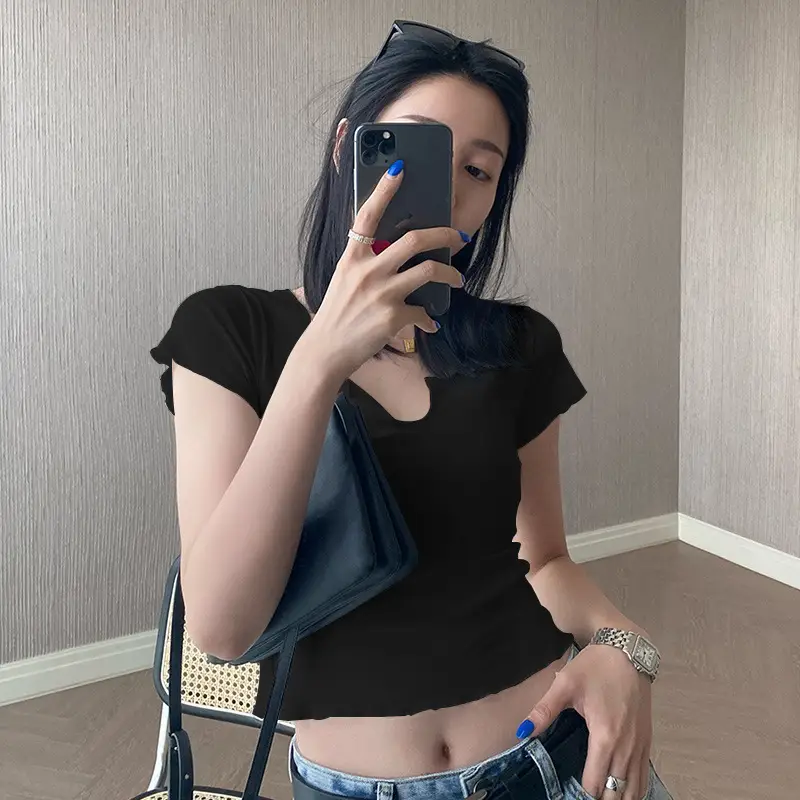 Women Pure Cotton Short T-Shirt Black Summer — feature 21