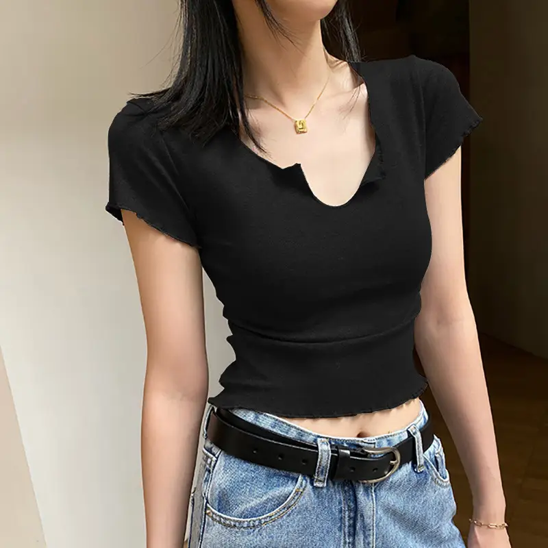 Women Pure Cotton Short T-Shirt Black Summer — feature 22
