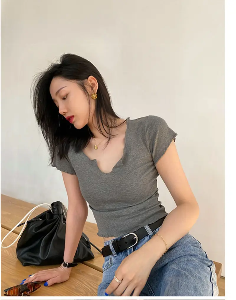 Women Pure Cotton Short T-Shirt Black Summer — feature 6