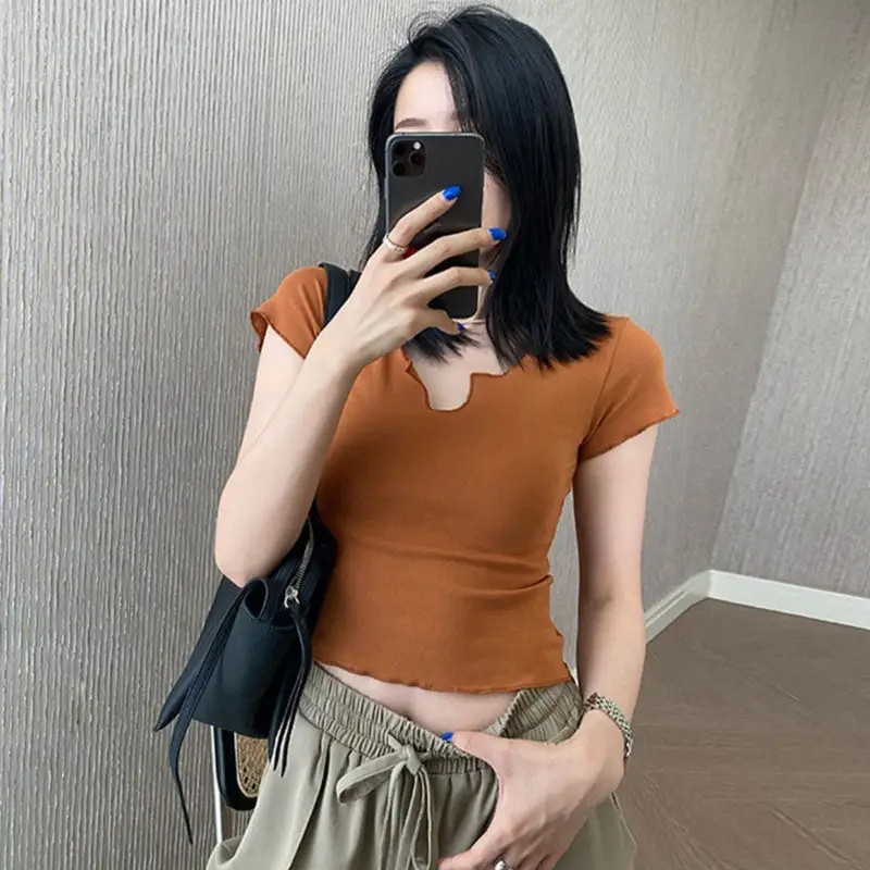 Women Pure Cotton Short T-Shirt Black Summer - Image 4