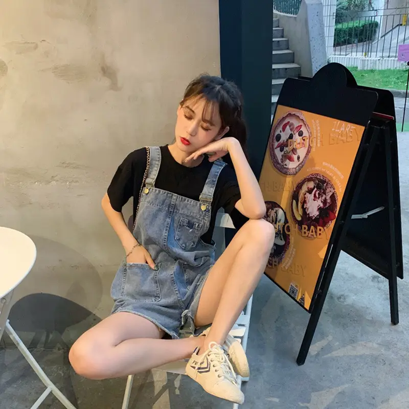 Fat mm Large Denim Overalls Hole Strap Shorts - Image 2