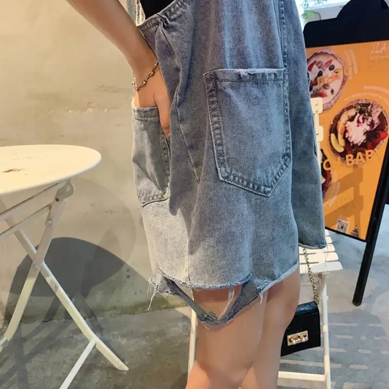 Fat mm Large Denim Overalls Hole Strap Shorts - Image 3