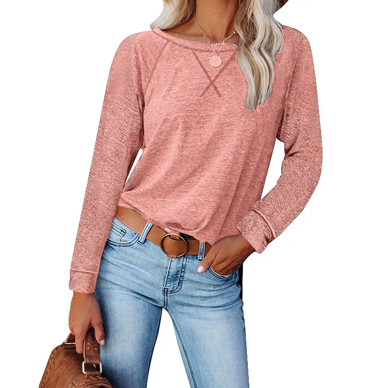 2022 Pink Cross Neck Long Sleeve Women's T-Shirt - Image 8