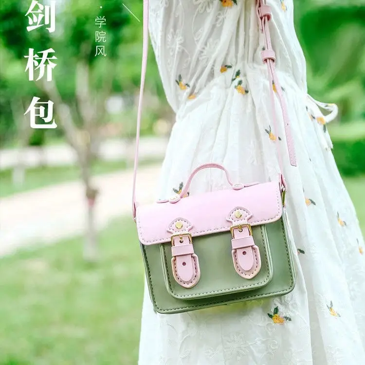 Pink Green Woven Shoulder Bag for Girls College Style