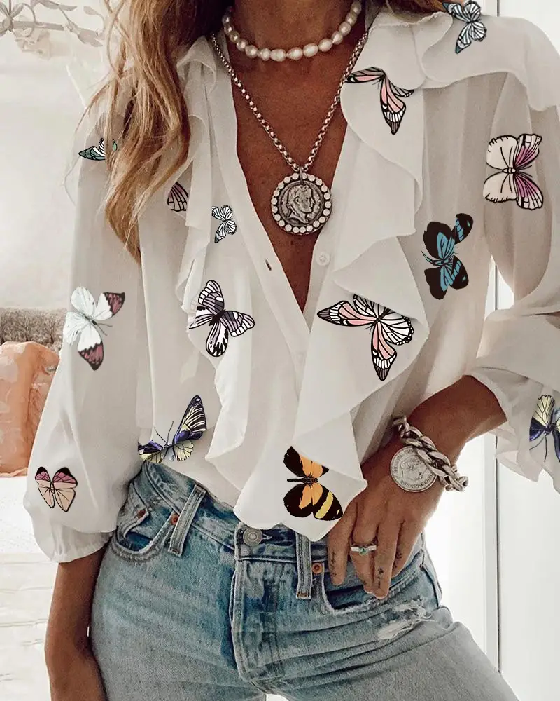 Pink Floral Ruffle Collar Chiffon Shirt for Women - Image 6