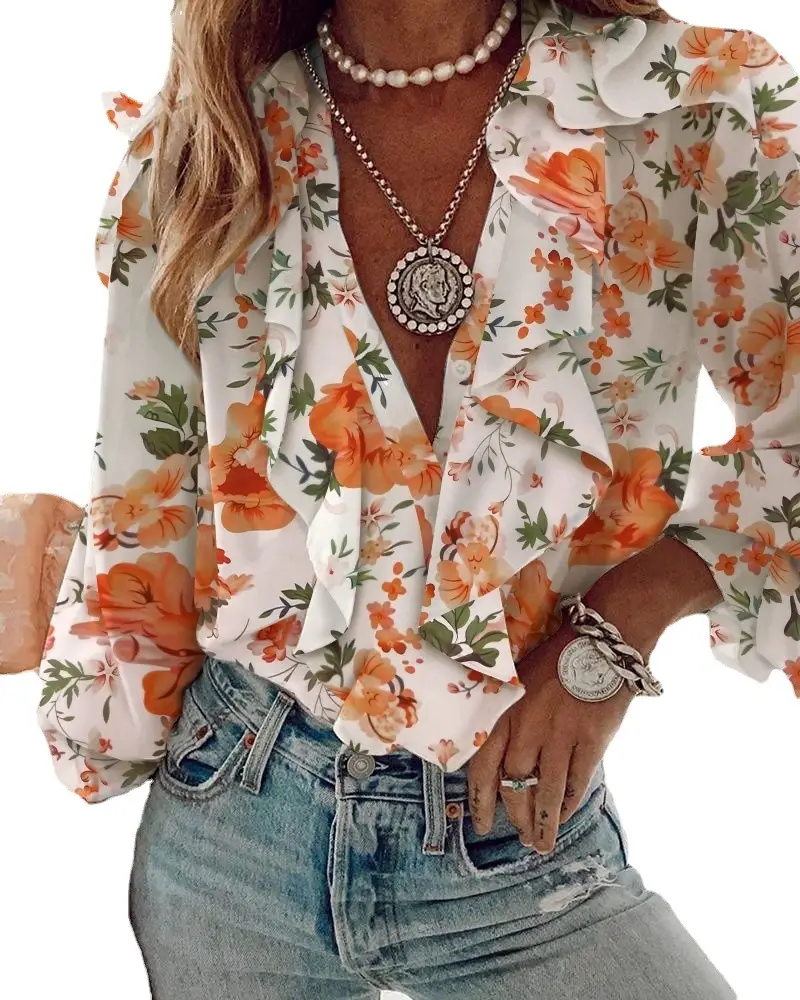 Pink Floral Ruffle Collar Chiffon Shirt for Women - Image 8