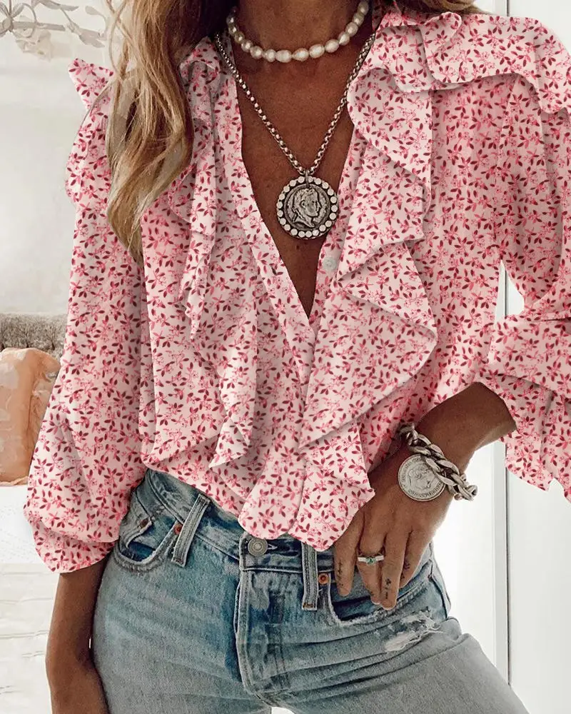 Pink Floral Ruffle Collar Chiffon Shirt for Women - Image 2