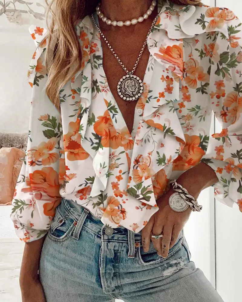 Pink Floral Ruffle Collar Chiffon Shirt for Women - Image 3