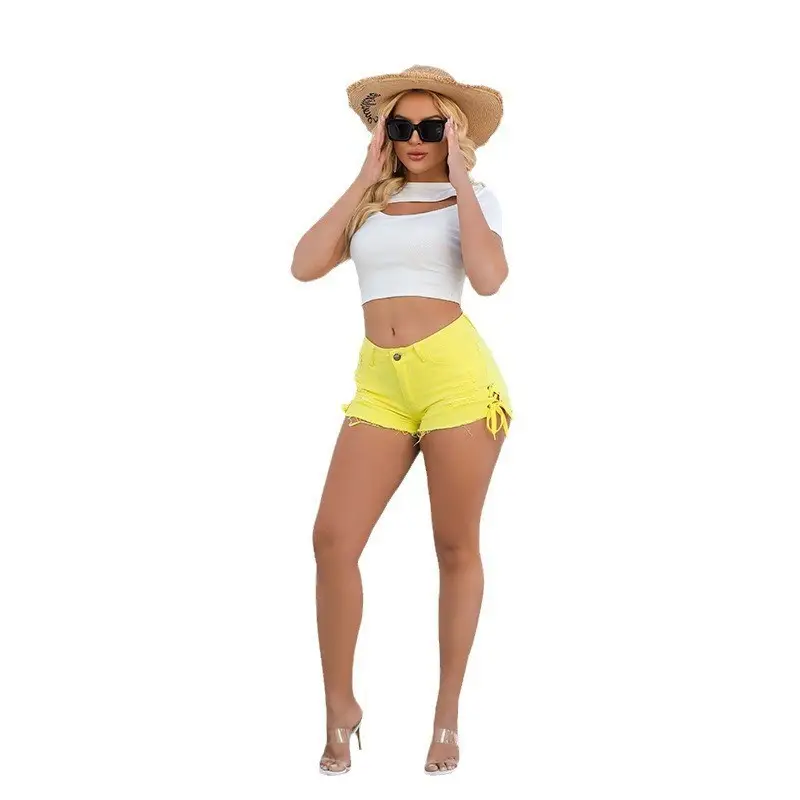 Women Ripped Tassel Denim Shorts White Long Sleeve - Image 9