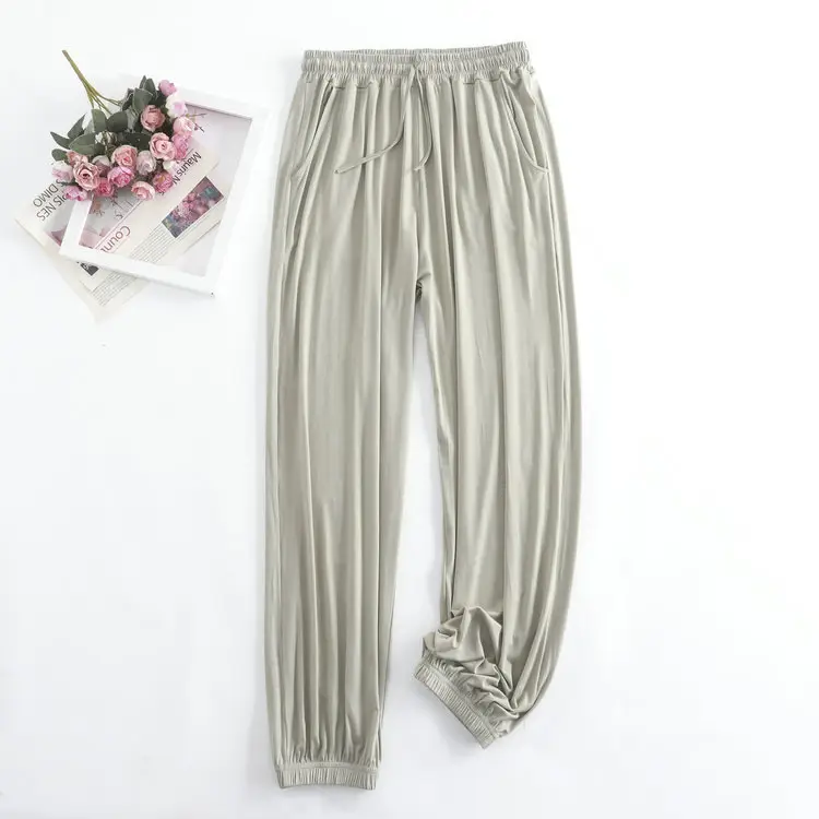 Women's Green Ice Silk Ankle-Tied Pajama Pants - Image 12