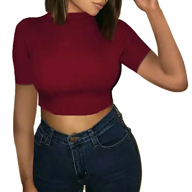 Women Round Neck Navel Exposed Slim T-Shirt Tops 2024