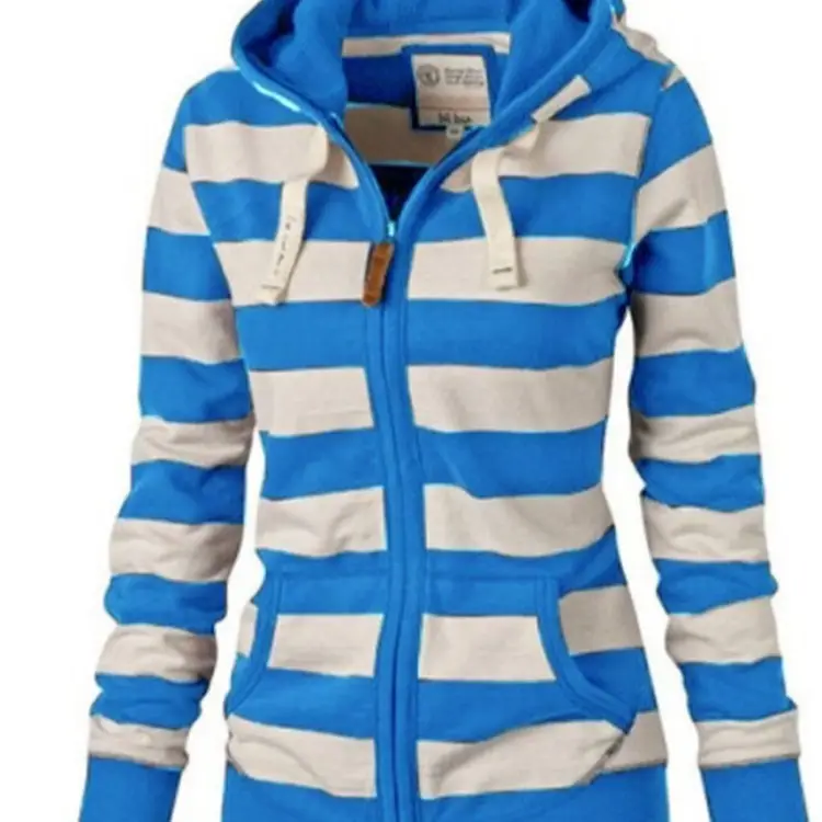 Women's Striped Hooded Zipper Jacket Navy White Large - Image 4