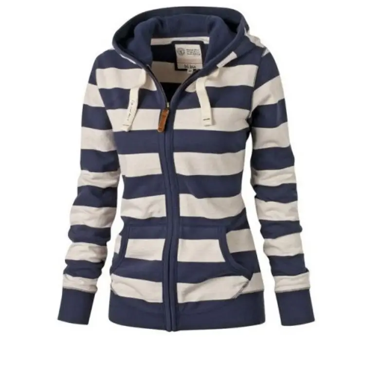 Women's Striped Hooded Zipper Jacket Navy White Large - Image 6