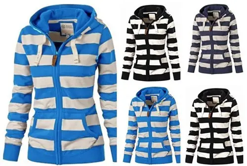 Women's Striped Hooded Zipper Jacket Navy White Large — feature 2
