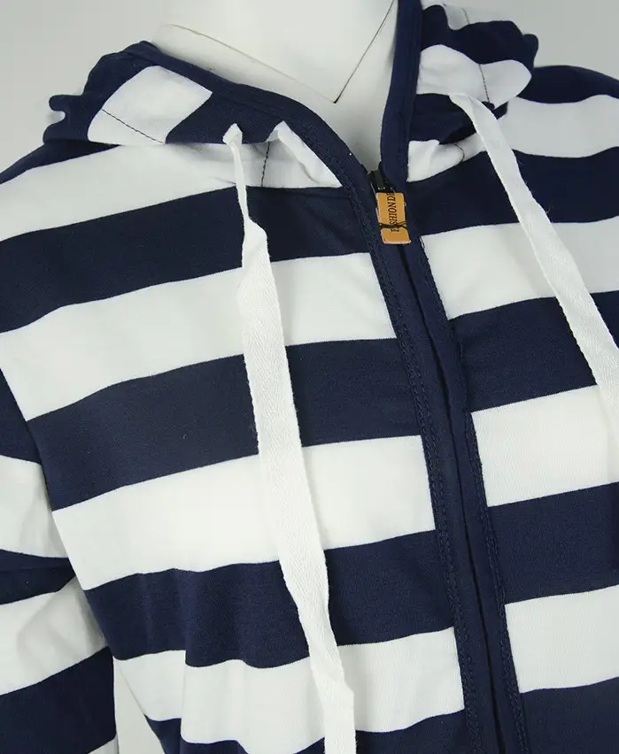 Women's Striped Hooded Zipper Jacket Navy White Large — feature 6