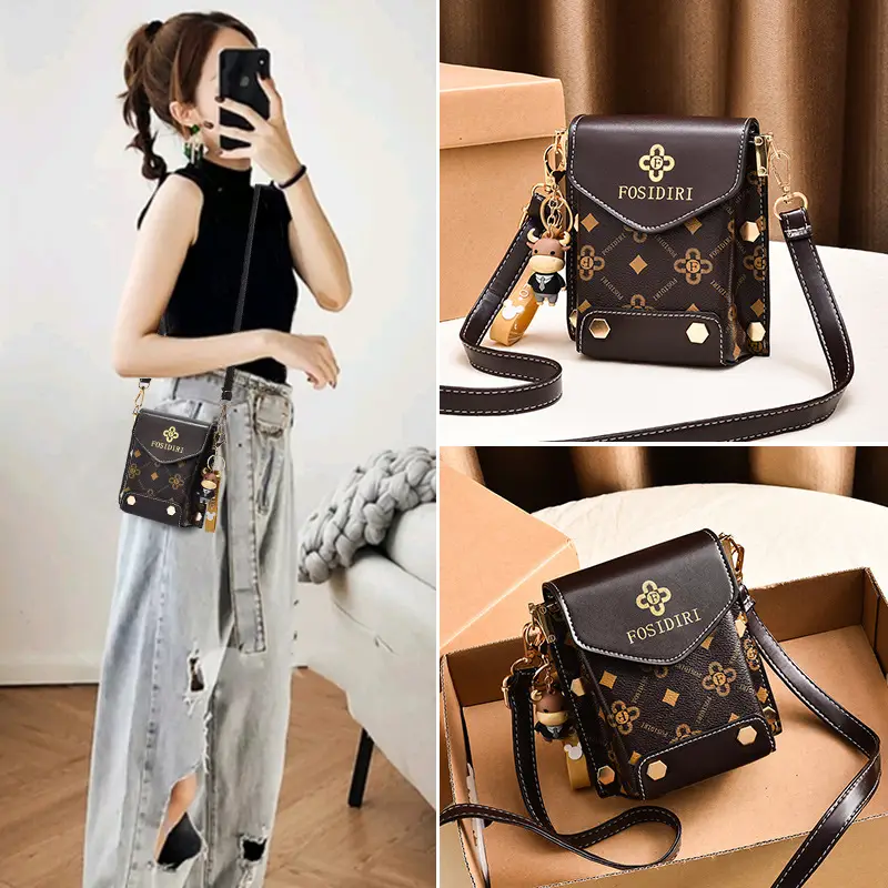 Women's Black Crossbody Phone Bag with Gold Plated Hardware - Image 8